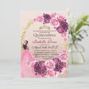 Rosa und goldene Rosen Quinceanera XV Años Einladung