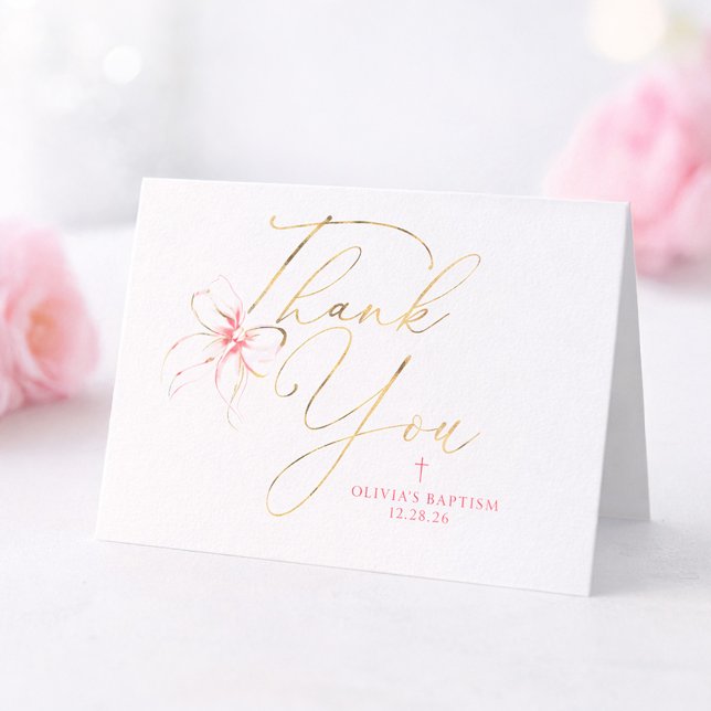 Rosa und Goldene Schleife Taufe Dankeschön Dankeskarte (Pink Bow Thank You Greeting Card)