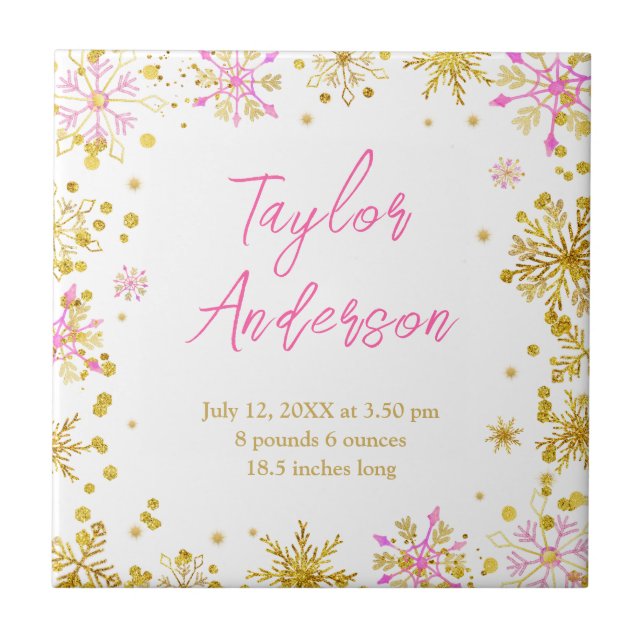 Rosa und goldene Schneeflocken Baby Birnenstatisti Fliese (Vorderseite)