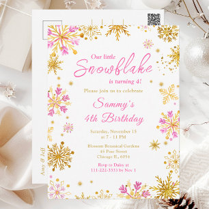 Rosa und goldene Schneeflocken Geburtstagsparty Postkarte