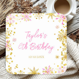 Rosa und goldene Schneeflocken Geburtstagsparty Rechteckiger Pappuntersetzer