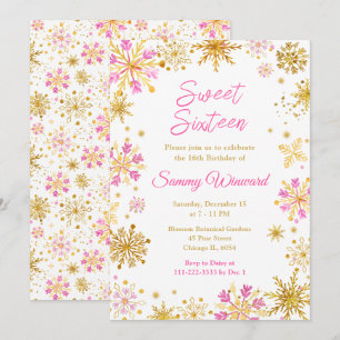 Rosa und goldene Schneeflocken Winter Sweet Sixtee Einladung