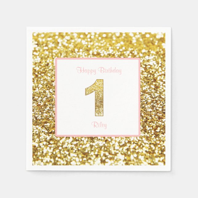 Rosa und goldene Servietten zum ersten Geburtstag (Vorderseite)