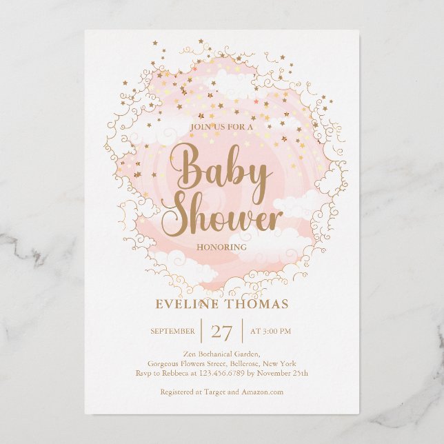 Rosa und goldene Sternenwolke in der Himmelsdusche Folieneinladung (Vorderseite)