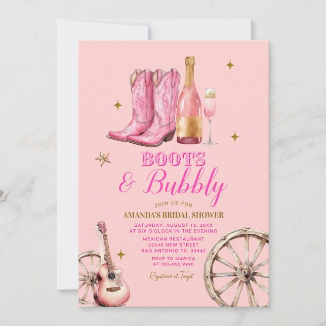 Rosa und goldene Stiefel und bubbly Brautparty Einladung (Vorderseite)