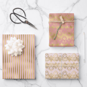 Rosa und goldene Streifen Geschenkpapier Set