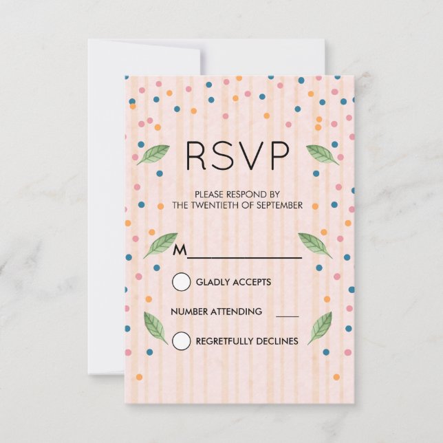 Rosa und goldene Streifen Grüne Blätter & Confetti RSVP Karte (Vorderseite)