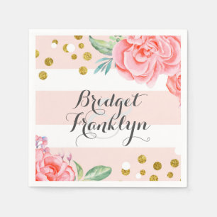 Rosa und goldene Streifen Konfetti Blumenhochzeit Serviette
