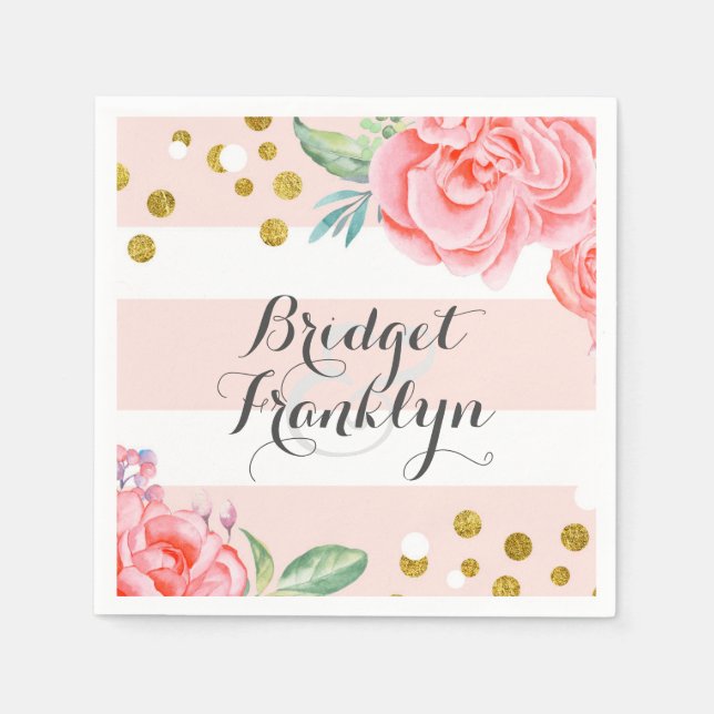 Rosa und goldene Streifen Konfetti Blumenhochzeit Serviette (Vorderseite)