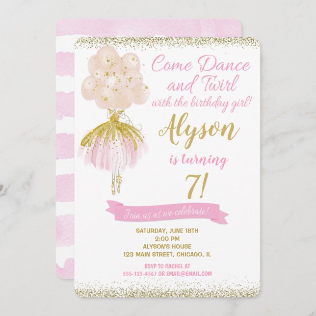 Rosa und goldene Tänzerin Geburtstag Einladung (Vorne/Hinten)