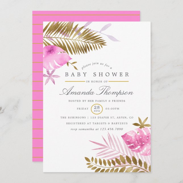 Rosa und goldene tropische Blätter Girl Baby Dusch Einladung (Vorne/Hinten)