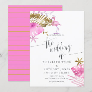 Rosa und goldene tropische Flamingo Hochzeitseinla Einladung