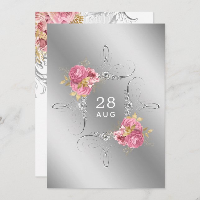 Rosa und goldene und silberfarbene Diamantenhochze Save The Date (Vorne/Hinten)