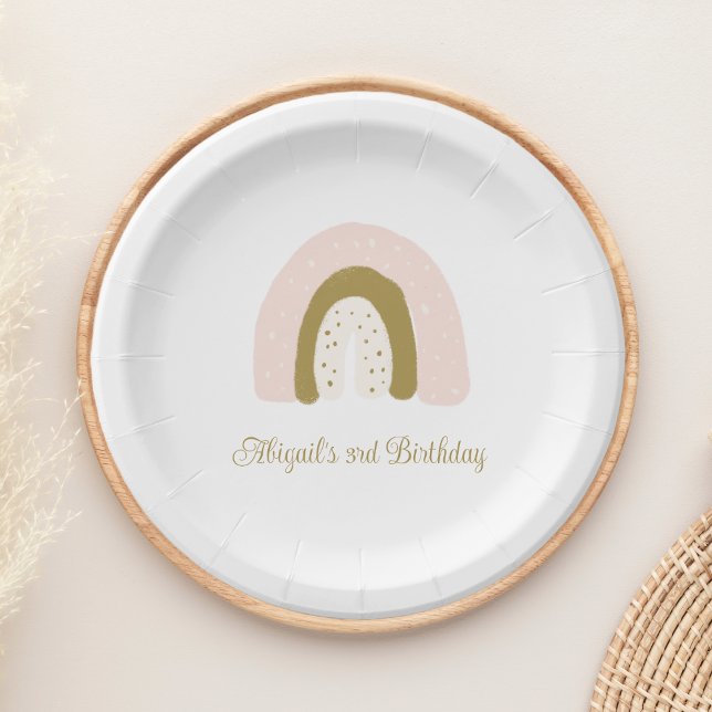 Rosa und goldene Wasserfarben-Regenbogen-Geburtsta Pappteller (Von Creator hochgeladen)