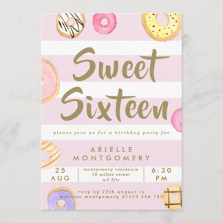 Rosa und goldene WasserfarbenDonuts Sweet 16 Party Einladung