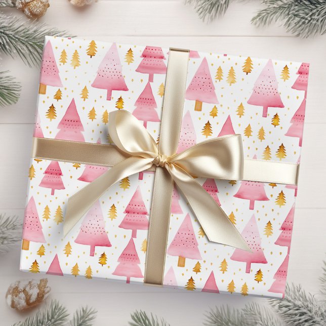 Rosa und goldene Weihnachtsbäume Geschenkpapier (Von Creator hochgeladen)