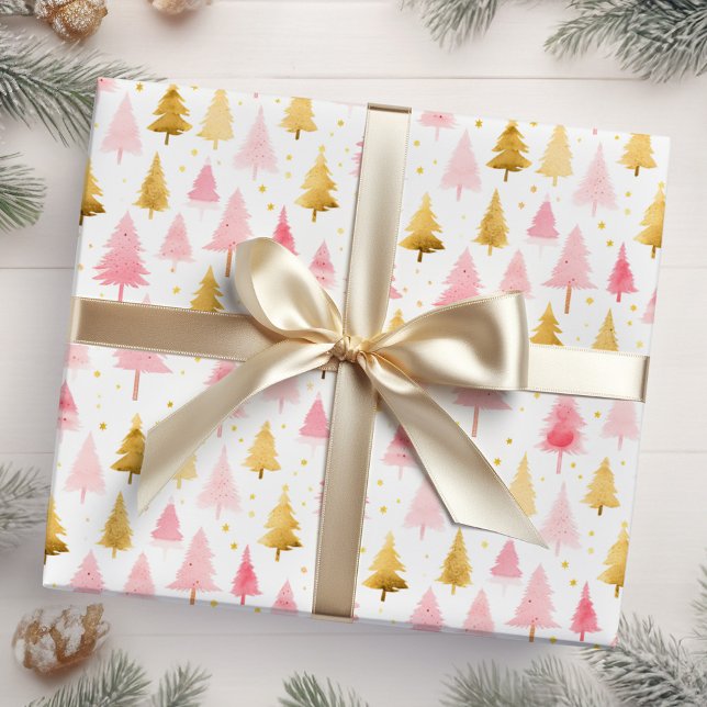 Rosa und goldene Weihnachtsbäume Geschenkpapier (Von Creator hochgeladen)