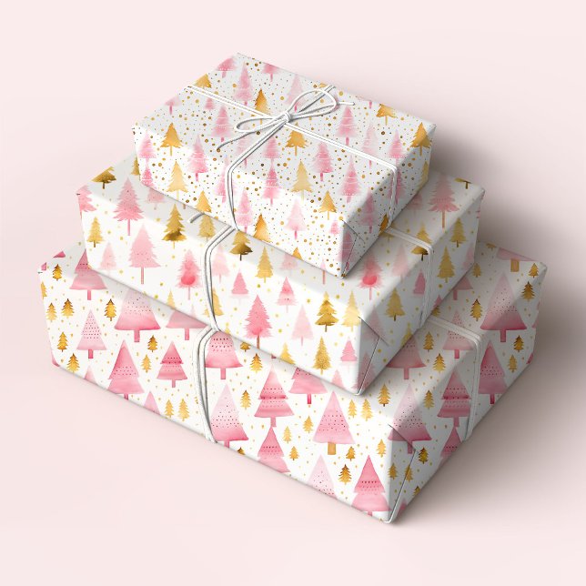 Rosa und goldene Weihnachtsbäume Geschenkpapier Set (Von Creator hochgeladen)