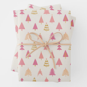 Rosa und goldene Weihnachtsbäume Geschenkpapier Set