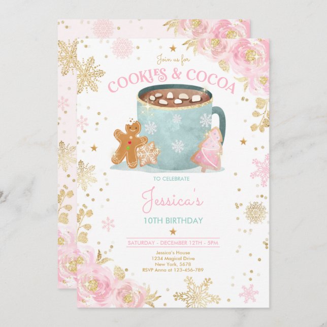 Rosa und goldene Weihnachtskekse und Kakao zum Geb Einladung (Vorne/Hinten)