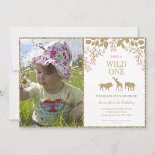 Rosa und goldene Wildnis Ein 1. Geburtstags-Girl-F Einladung