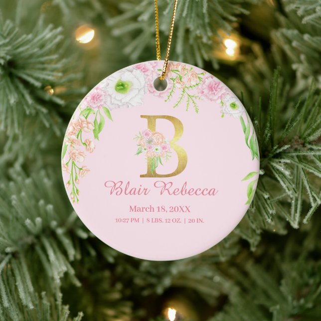Rosa und goldener Buchstabe "B" Blumenmonogramm Ge Keramik Ornament (Baum)