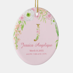 Rosa und goldener Buchstabe "J" Blumenmonogramm Ge Keramik Ornament