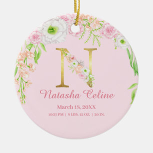 Rosa und goldener Buchstabe "N" Blumenmonogramm Ge Keramik Ornament