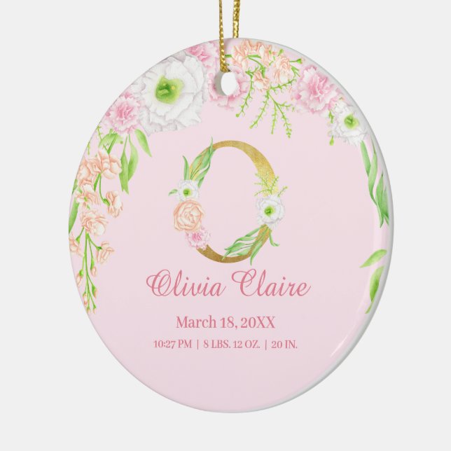 Rosa und goldener Buchstabe "O" Blumenmonogramm Ge Keramik Ornament (Links)