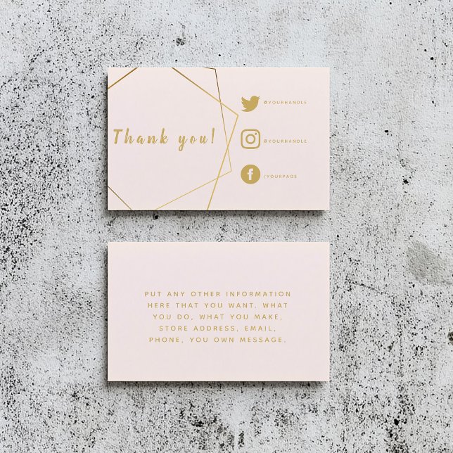 Rosa und goldener Effekt Social Links einfügen Kar Begleitkarte (Pink and gold customer order thank you insert card. Geometric frame and social media details)