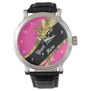 Rosa und goldener Flex de lys personalisiert Armbanduhr