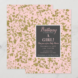 Rosa und goldener Glitter Girly Glam moderner Baby Einladung