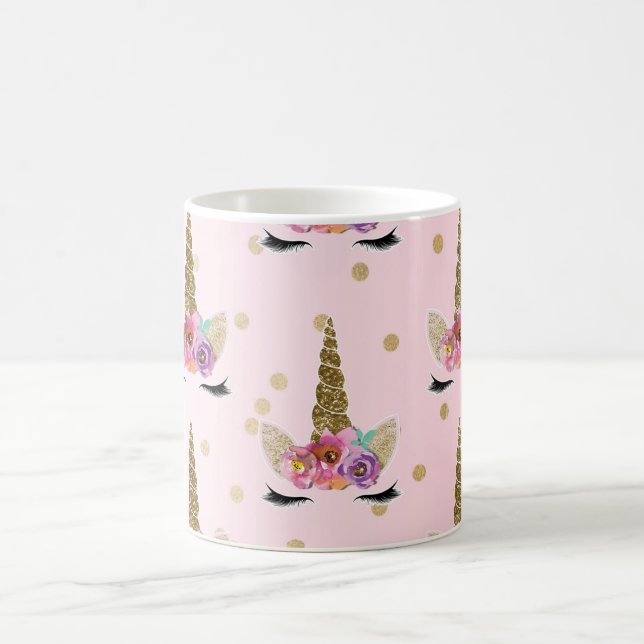 Rosa und goldener Glitzer Einhorn Blumenhorn Moder Kaffeetasse (Mittel)