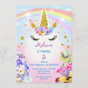 Rosa und goldener Glitzer Einhorn Regenbogen Gebur Einladung