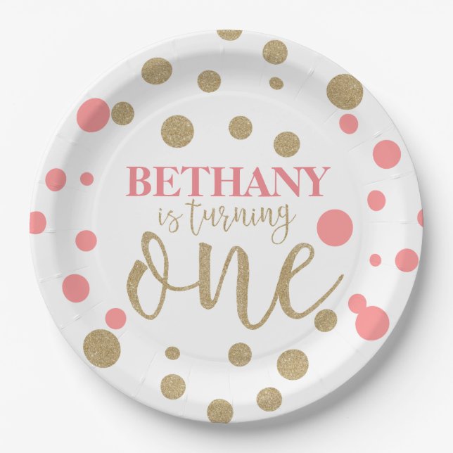 Rosa und goldener Glitzer Erste Geburtstagspapier- Pappteller (Vorderseite)