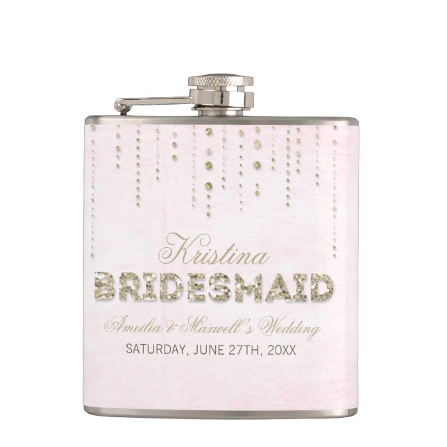 Rosa und goldener Glitzer Look Bridesmaid Flask Flachmann (Vorderseite)