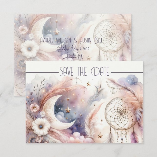 Rosa und goldener Himmelsmond Save the Date (Vorne/Hinten)