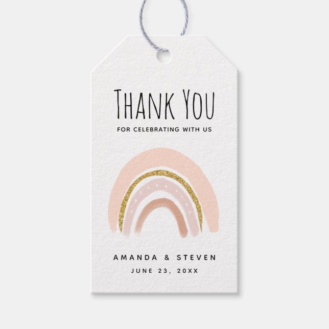 Rosa und goldener Regenbogen Elegant Boho Hochzeit Geschenkanhänger (Vorderseite)