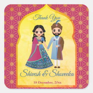 Rosa und goldenes Design Rahmen indische Hochzeit  Quadratischer Aufkleber