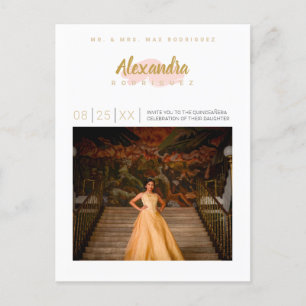 Rosa und goldenes Foto Quinceanera Einladungspostkarte