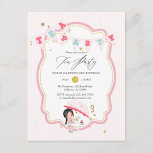 Rosa und goldenes Mädchen 3. Geburtstags-Teeparty Postkarte