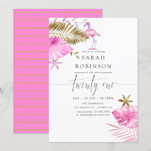 Rosa und goldenes tropisches Flamingo 21. Geburtst Einladung