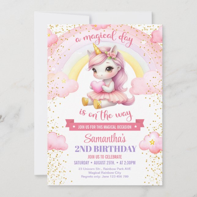 Rosa und goldenes Tutu-Einhorn mit Herz 1. Geburts Einladung (Vorderseite)