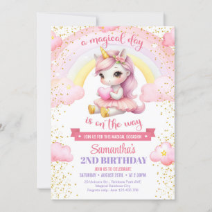 Rosa und goldenes Tutu-Einhorn mit Herz 1. Geburts Einladung