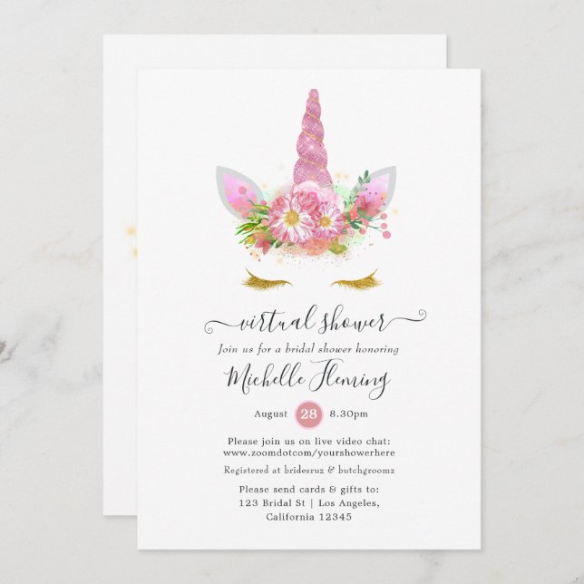 Rosa und goldfarbene Blütendusche per Mail Einladung (Vorne/Hinten)