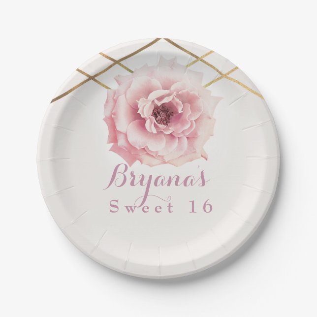 Rosa und goldfarbene Blütengläser Brautparty Benut Pappteller (Vorderseite)