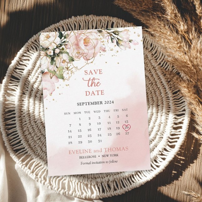 Rosa und goldfarbene Glitzern Save The Date (Blush pink and gold floral greenery gold sparkles save the date)