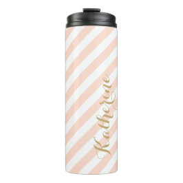 Rosa und goldfarbene Preppy-Streifen Monogramm Thermosbecher