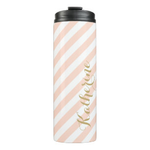 Rosa und goldfarbene Preppy-Streifen Monogramm Thermosbecher