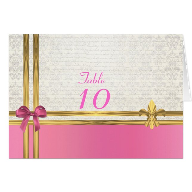 Rosa und goldfarbene Tischnummer auf weißem Damast (Vorderseite (Horizontal))